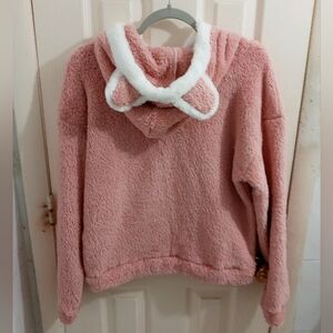Cozy Fluffy Cat Ears Pink Fleece Hoodie Size L NWOT
